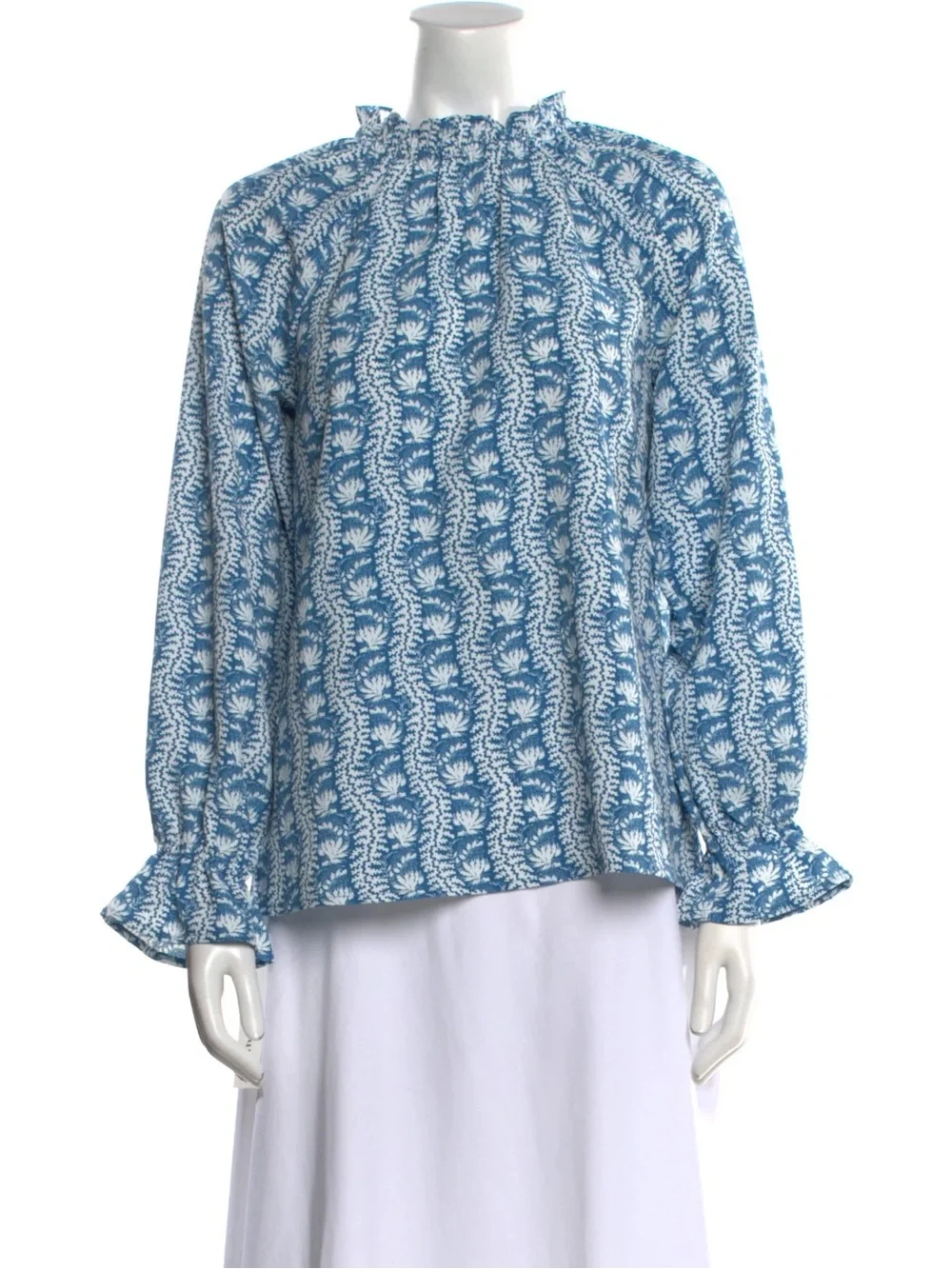 NWOT Hill House Millie Top Blouse Blue & White Mock Neck Coastal Size Large